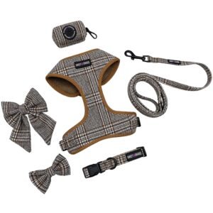 Classic Plaid Tweed Dog Harness Vest Leash Bow Tie For Small Medium Large Dog