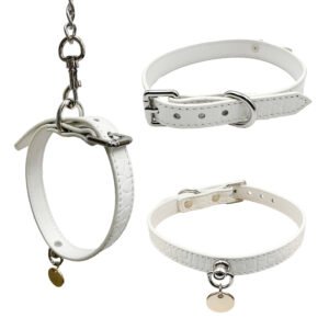 White Pu Leather Dog Collar With Metal Tag