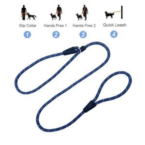 Navy Slip Collar Rope Dog Leash With Reflective Straps
