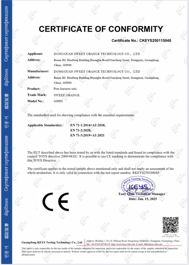 CE conformity certificate for dog bags, reliable pet product supplier for Europe