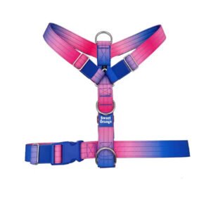 Y-shaped dog harness with gradient pink and blue webbing, adjustable strap harness for small to medium dogs